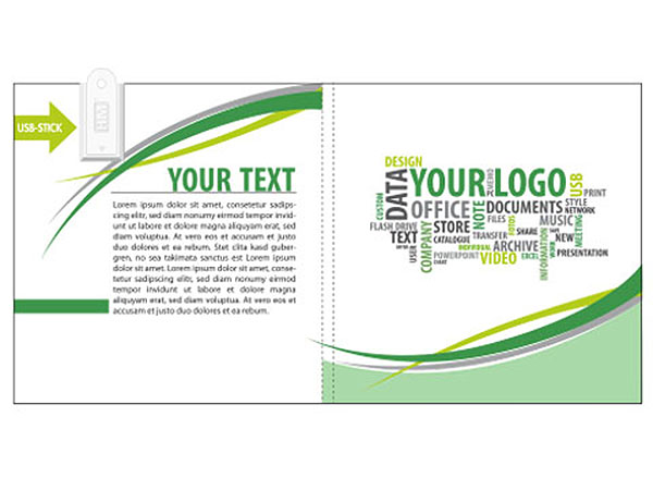 USB-Klappkarte mit integriertem USB-Stick und Platz für individuelles Logo-Design sowie persönlichen Text.