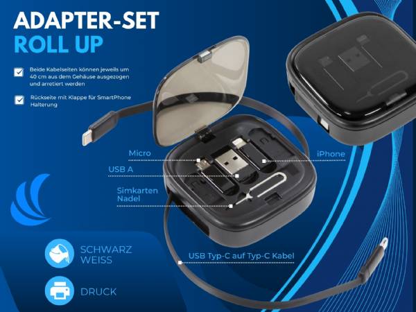 Adapter-Set „Roll Up“ mit verschiedenen Kabeln, inkl. Micro, USB-A, iPhone und USB-C, in praktischem Gehäuse.
