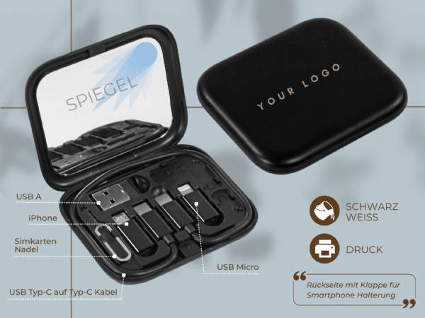 Multifunktionales Adapter-Set mit Spiegel, USB-Anschlüssen und Platz für ein individuelles Logo. Kompakt und praktisch für unterwegs.