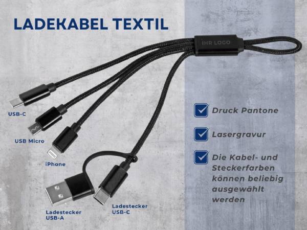 Ladekabel mit verschiedenen Anschlüssen (USB-C, USB Micro, iPhone) und individuellem Logo-Design.