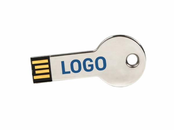 USB-Stick im Schlüssel-Design mit glänzendem Metallgehäuse und Platz für individuelles Logo. Ideal für Werbezwecke.