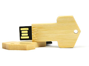 USB-Stick in Schlüssel-Form aus Holz, ideal für individuelles Branding und als Werbegeschenk.
