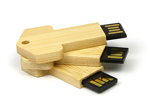 USB-Stick in Form eines Schlüsselanhängers aus Holz, ideal für individuelles Branding und Werbezwecke.