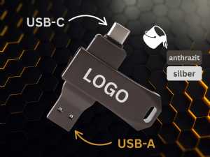 USB-Stick mit anthrazitfarbenem Gehäuse, dualen Anschlüssen (USB-A und USB-C) und Platz für ein individuelles Logo.