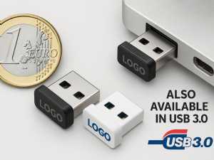 USB-Sticks in schwarz und weiß mit Platz für Logodruck, daneben ein 1-Euro-Münze als Größenvergleich und Hinweis auf USB 3.0 Verfügbarkeit.