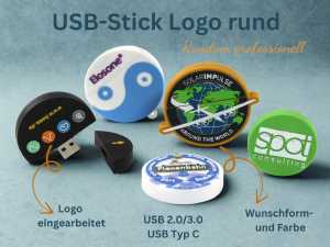 USB-Sticks in runder Form, individuell gestaltbar mit Logo, in verschiedenen Farben und USB-Typ C verfügbar.