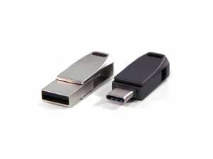 USB-Stick im modernen Design mit einem drehbaren Metallgehäuse und einem zusätzlichen USB-C-Anschluss für vielseitige Nutzung.