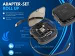 Adapter-Set „Roll Up“ mit verschiedenen Kabeln, inkl. Micro, USB-A, iPhone und USB-C, in praktischem Gehäuse.
