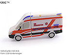 USB-Stick in Form eines Krankenwagens, individuell bedruckbar, ideal für Werbung und Promotions im Gesundheitsbereich.