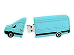 USB-Stick in Form eines blauen Transporters mit abnehmbarem Frontteil für individuelles Branding und Werbezwecke.
