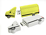 USB-Sticks in Form von Transportern, kreativ gestaltet mit unterschiedlichen Farben und Platz für individuelles Branding.