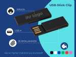 Kleiner, flacher USB-Stick mit Clip-Funktion und Platz für individuelles Logo im Kunststoffgehäuse.
