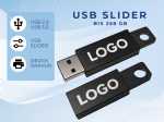 USB-Slider mit gravierbarem Logo-Bereich, verfügbar in USB 2.0 und 3.0, Speicherkapazität bis 256 GB.