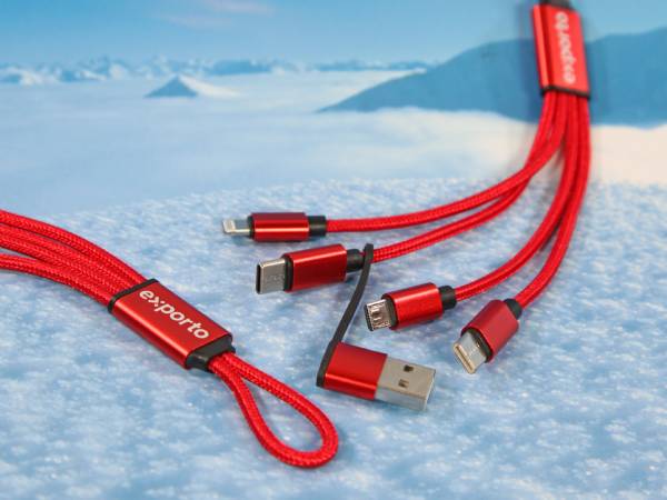 Kabelpeitsche mit rotem Textilüberzug und mehreren Anschlüssen für gängige USB-Geräte, ideal für Marketingzwecke.