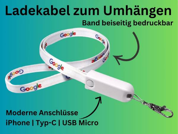 3 verschiedene Ladestecker, 80 cm Umhängeband, beidseitig vollflächig bedruckbar